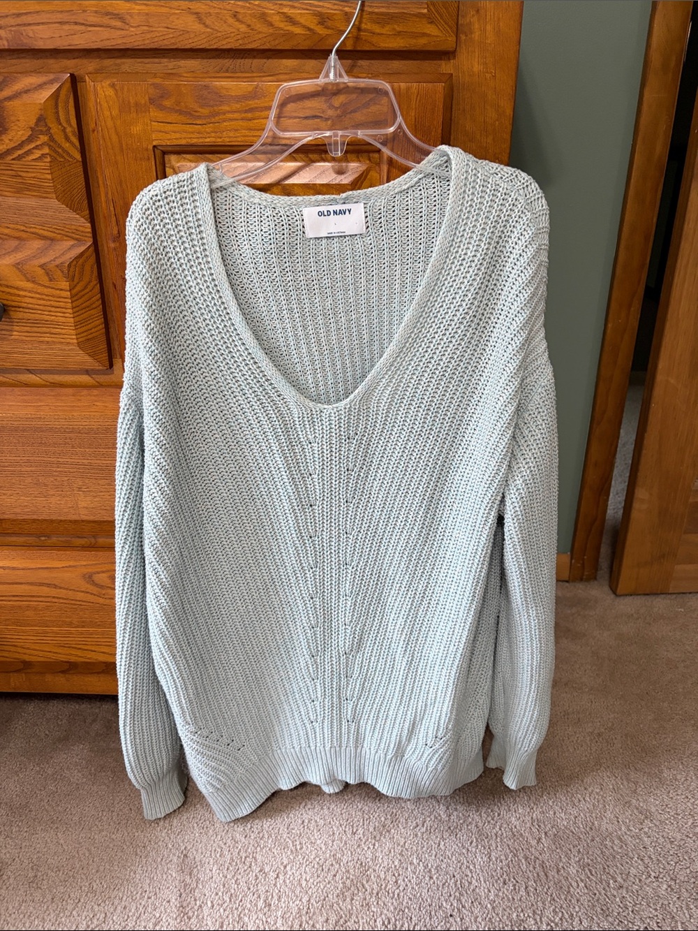 Old Navy Sage Green V-Neck Cable Knit Sweater
